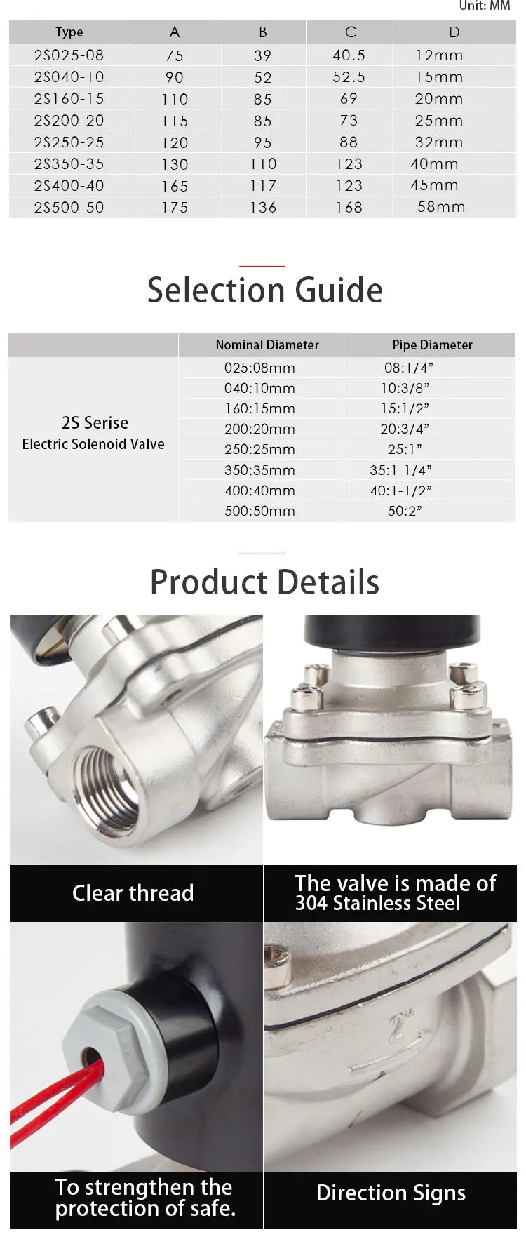 Stainless Steel Electric Solenoid Valve 1/4"-1" for Water