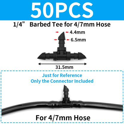 50PCS Barbed 3-Way Tee Connector for 4/7mm Drip Irrigation Hose