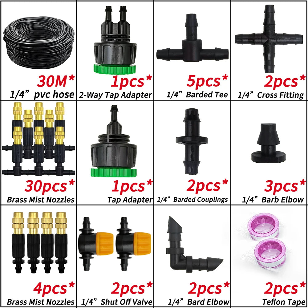 5M-30M Garden Misting Cooling System 1/4'' Brass Nozzles 4/7mm Hose