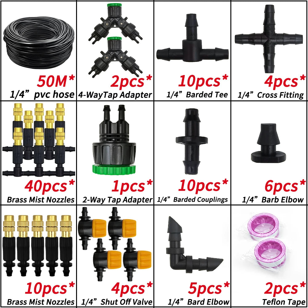 5M-30M Garden Misting Cooling System 1/4'' Brass Nozzles 4/7mm Hose