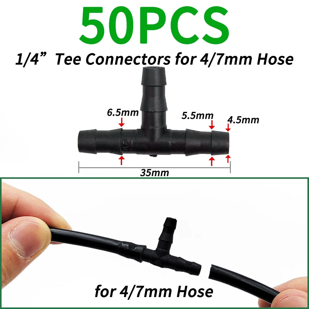 50-100PCS 1/4" Dripper Watering Tee Connector for 4/7mm Hose