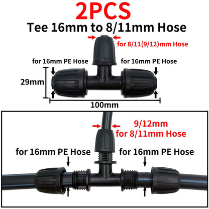 2PCS 16mm 1/2'' PE Pipe Tee Connector Splitter for Drip Irrigation