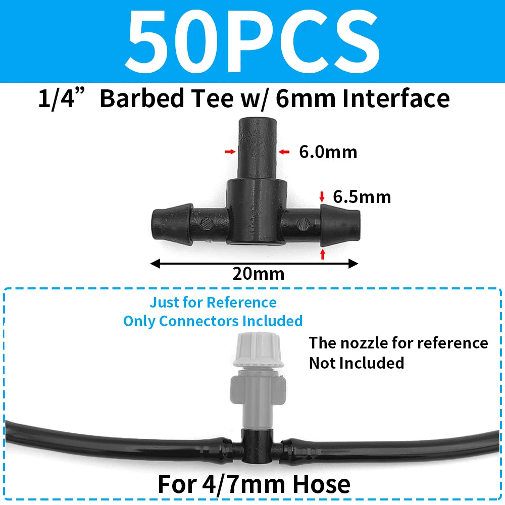 50PCS Barbed 3-Way Tee Connector for 4/7mm Drip Irrigation Hose