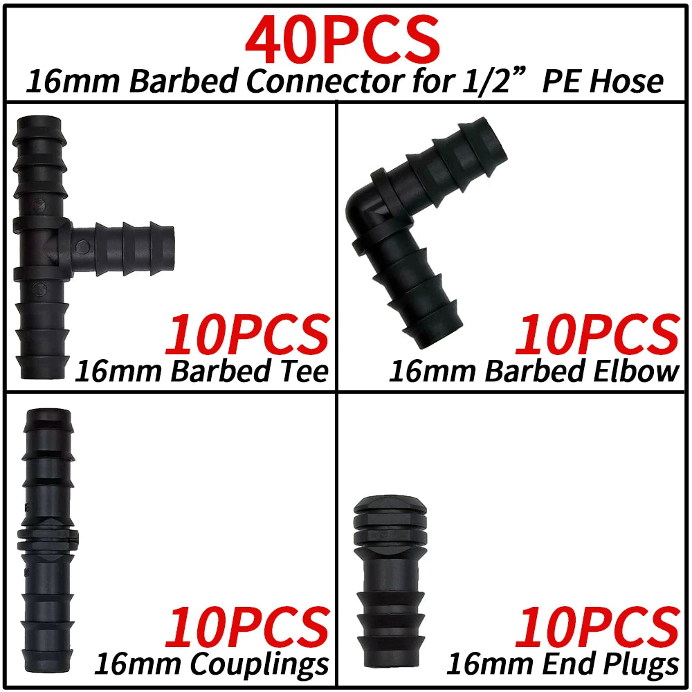 16mm Barbed Drip Irrigation Fittings Tee Elbow Coupling Cap Kit