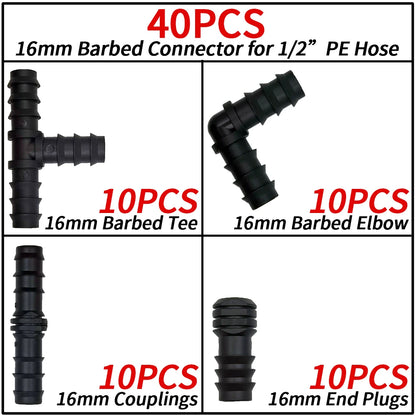 16mm Barbed Drip Irrigation Fittings Tee Elbow Coupling Cap Kit