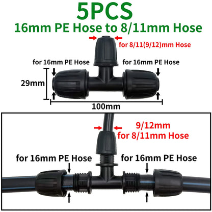 5PCS 16mm 1/2'' PE Pipe Connector Tee Splitter for Drip Irrigation