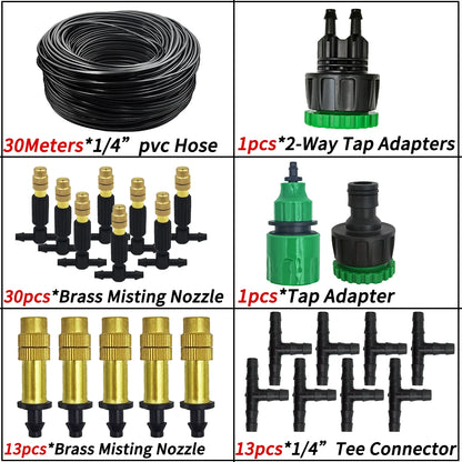 5M-30M Garden Misting Cooling System 1/4'' Brass Nozzles 4/7mm Hose