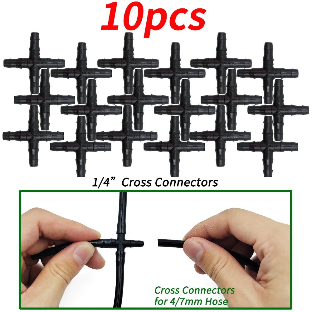 10-100PCS 1/4'' Cross Connector for 4/7mm Drip Irrigation