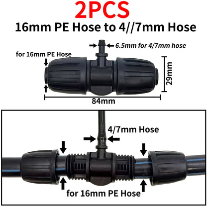 2PCS 16mm 1/2'' PE Pipe Tee Connector Splitter for Drip Irrigation