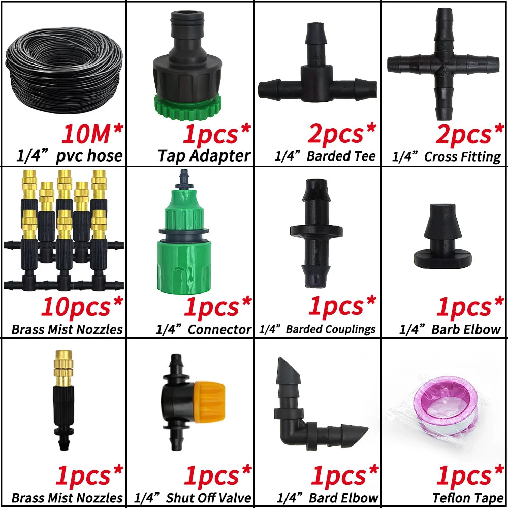 5M-30M Garden Misting Cooling System 1/4'' Brass Nozzles 4/7mm Hose