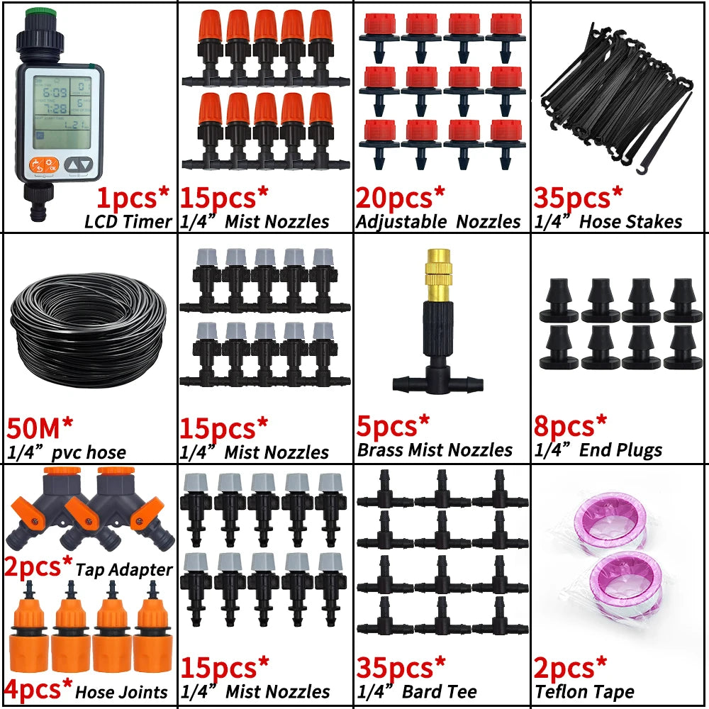 5M-30M Garden Misting Cooling System 1/4'' Brass Nozzles 4/7mm Hose