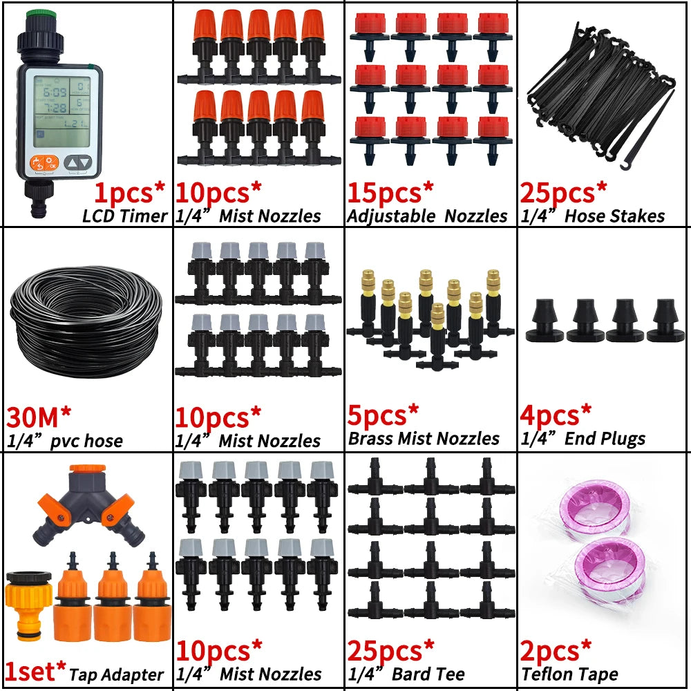 5M-30M Garden Misting Cooling System 1/4'' Brass Nozzles 4/7mm Hose