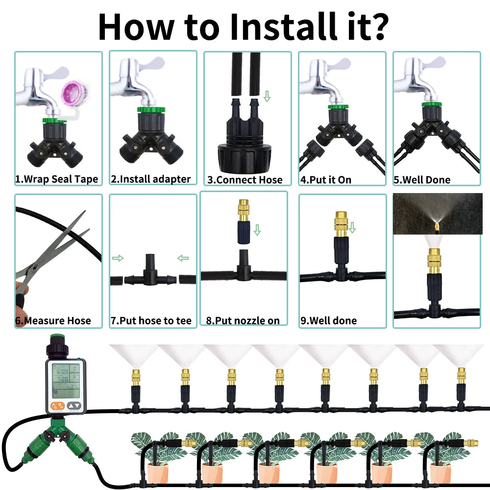 5M-30M Garden Misting Cooling System 1/4'' Brass Nozzles 4/7mm Hose