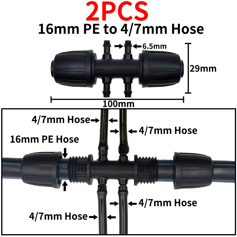 2PCS 16mm 1/2'' PE Pipe Tee Connector Splitter for Drip Irrigation