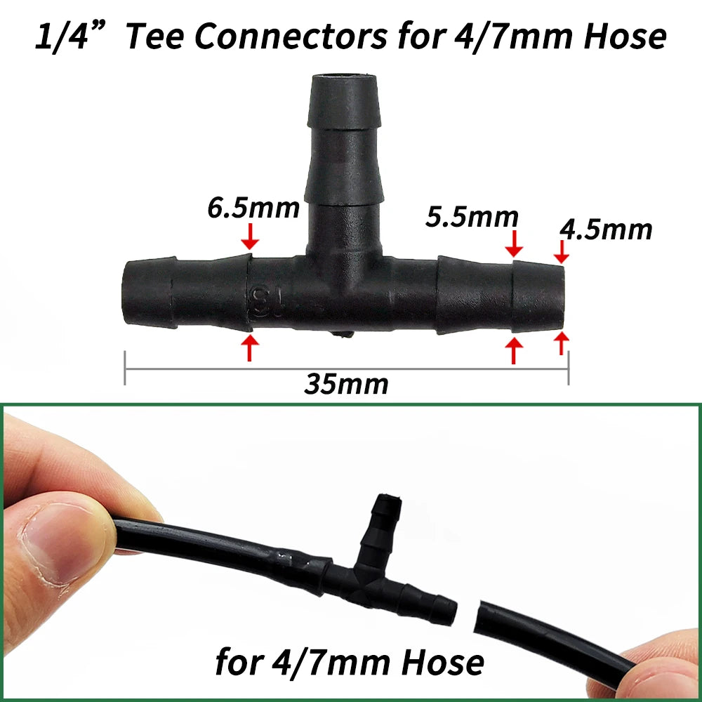 50-100PCS 1/4" Dripper Watering Tee Connector for 4/7mm Hose