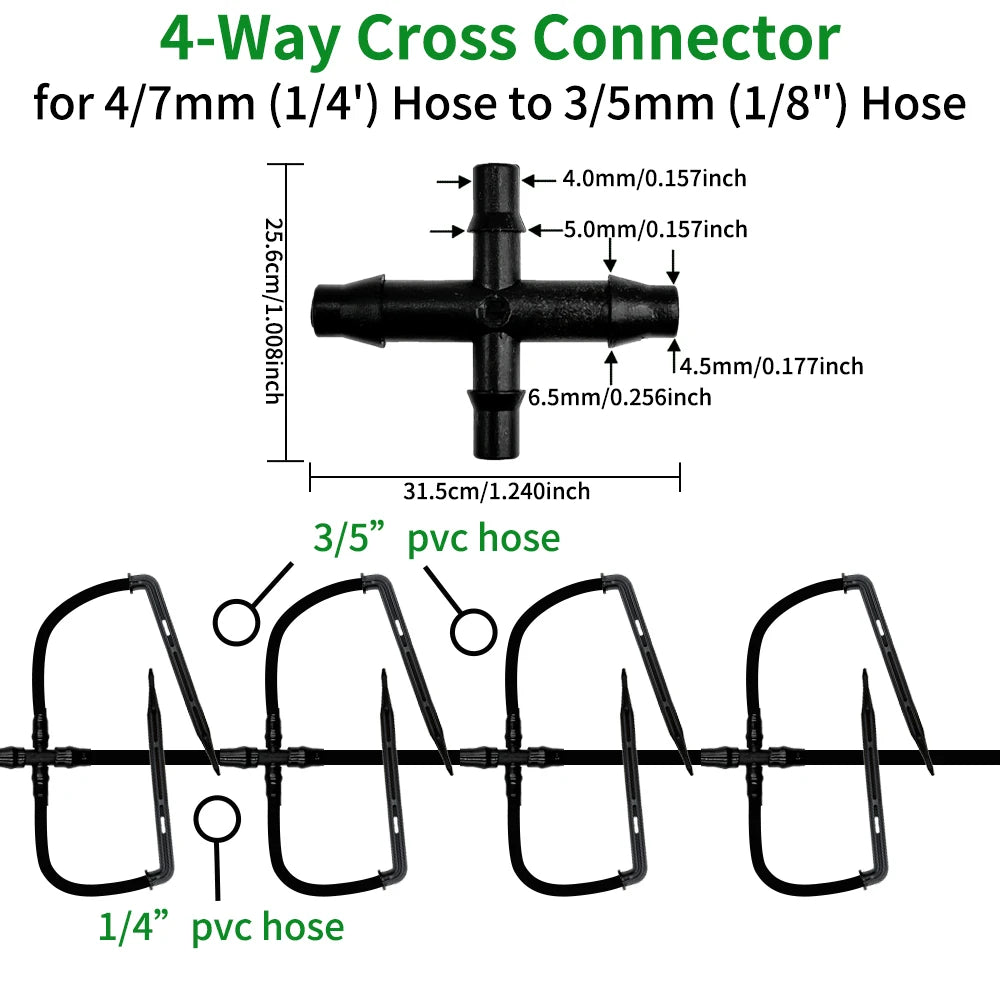 Greenhouse Drip Irrigation Kit 4-Way 4/7mm to 3/5mm Hose for Plants