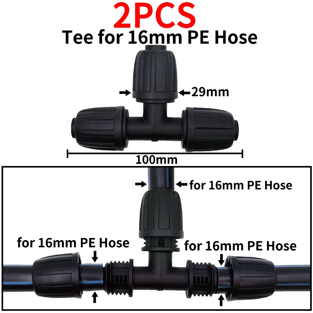 2PCS 16mm 1/2'' PE Pipe Tee Connector Splitter for Drip Irrigation