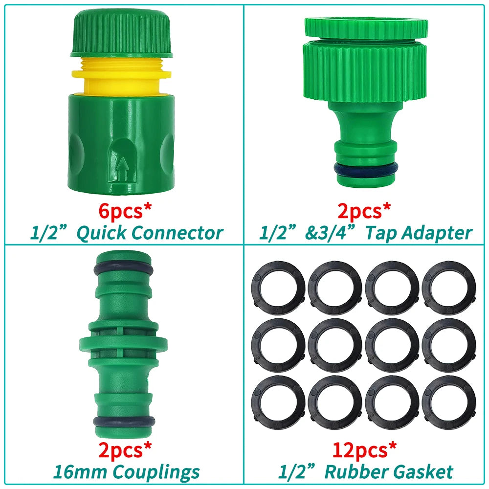 1/2" Hose Garden Tap Quick Connector 16mm Fitting w/ Adapters