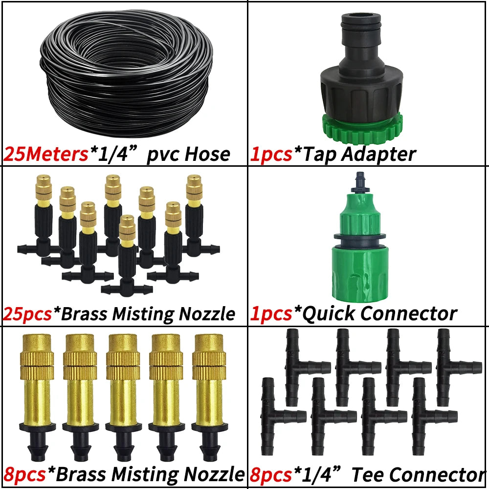 5M-30M Garden Misting Cooling System 1/4'' Brass Nozzles 4/7mm Hose