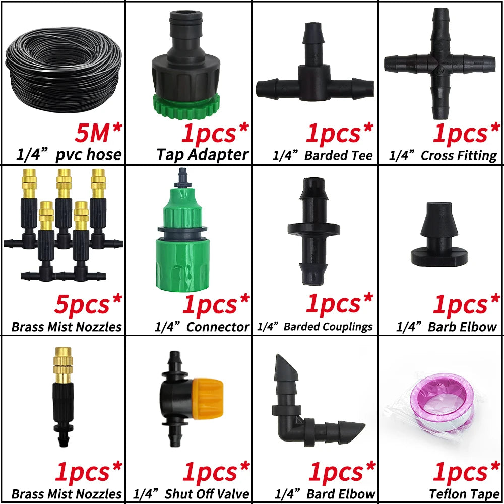 5M-30M Garden Misting Cooling System 1/4'' Brass Nozzles 4/7mm Hose