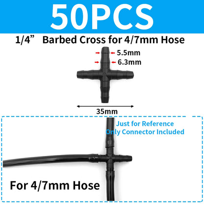 50PCS Barbed 3-Way Tee Connector for 4/7mm Drip Irrigation Hose