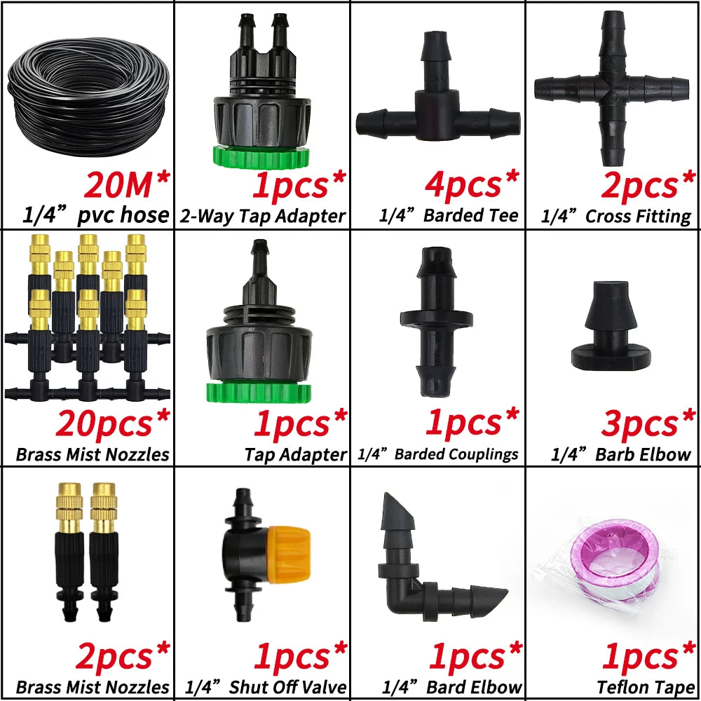 5M-30M Garden Misting Cooling System 1/4'' Brass Nozzles 4/7mm Hose