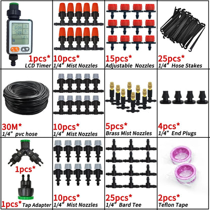 5M-30M Garden Misting Cooling System 1/4'' Brass Nozzles 4/7mm Hose