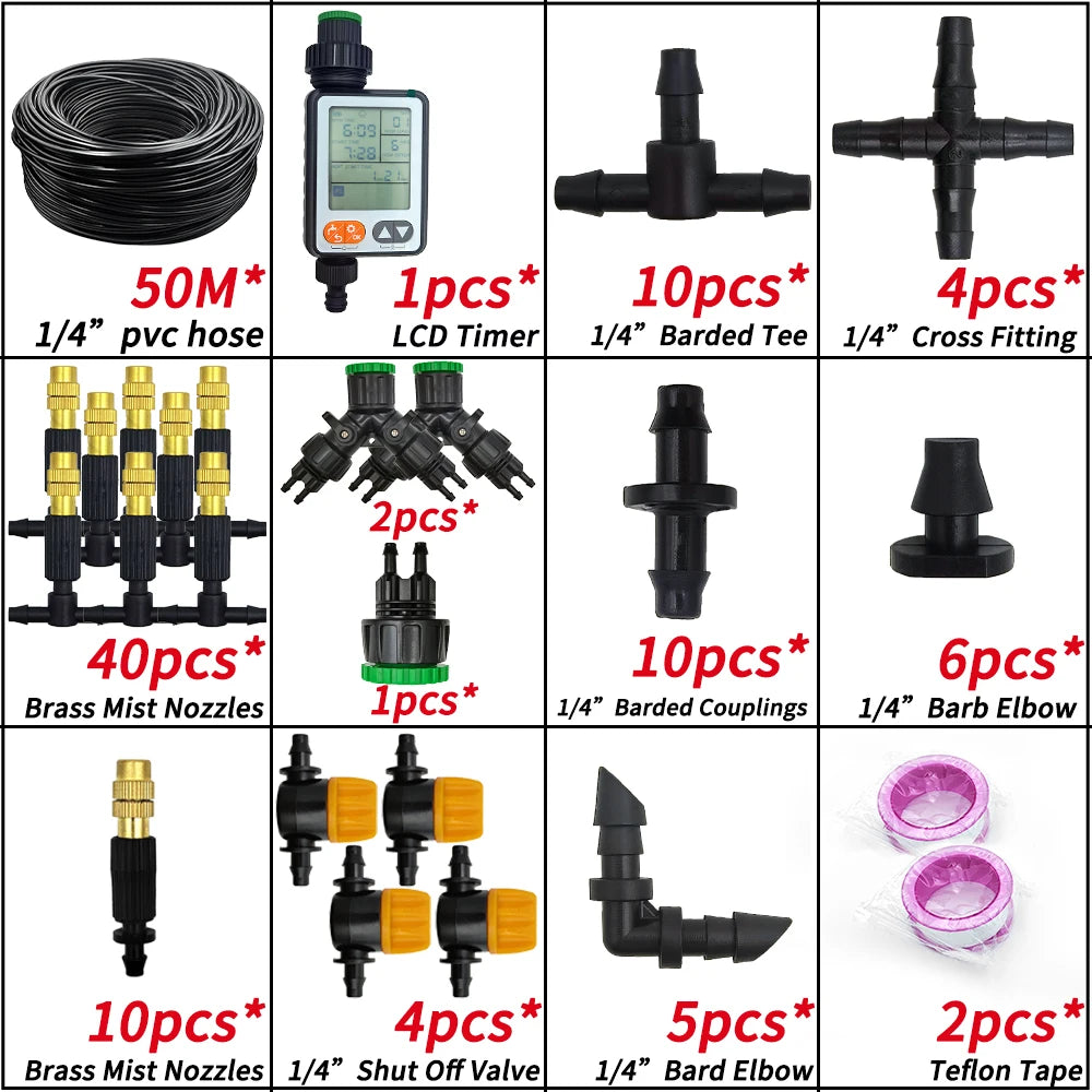 5M-30M Garden Misting Cooling System 1/4'' Brass Nozzles 4/7mm Hose