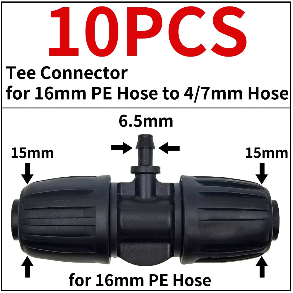 10PCS 16mm 1/2'' PE Tubing to 4/7mm Hose Tee Connector for Irrigation