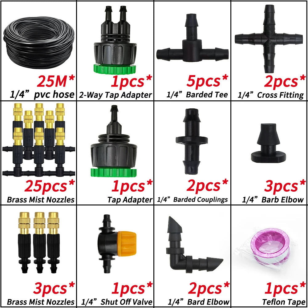 5M-30M Garden Misting Cooling System 1/4'' Brass Nozzles 4/7mm Hose