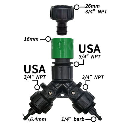 2-Way 4-Way Tap Adapter Splitter 3/4'' to 1/4'' for Drip Irrigation