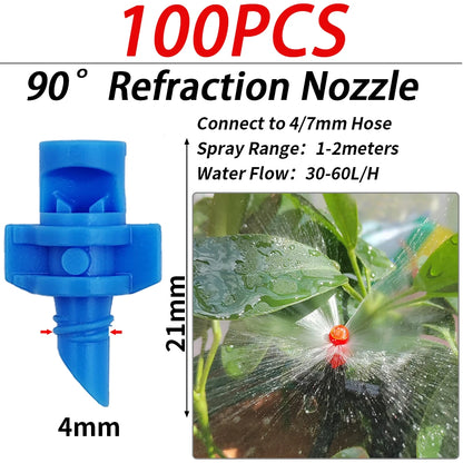 100PCS Male Barbed Thread Micro Nozzles, 90-360° for Drip Irrigation