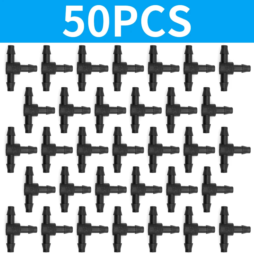 50PCS Barbed 3-Way Tee Connector for 4/7mm Drip Irrigation Hose