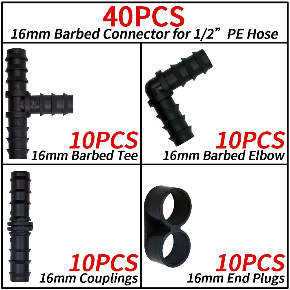 16mm Barbed Drip Irrigation Fittings Tee Elbow Coupling Cap Kit