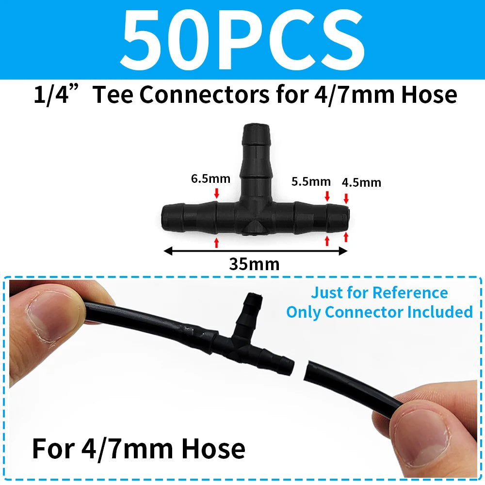 50PCS Barbed 3-Way Tee Connector for 4/7mm Drip Irrigation Hose