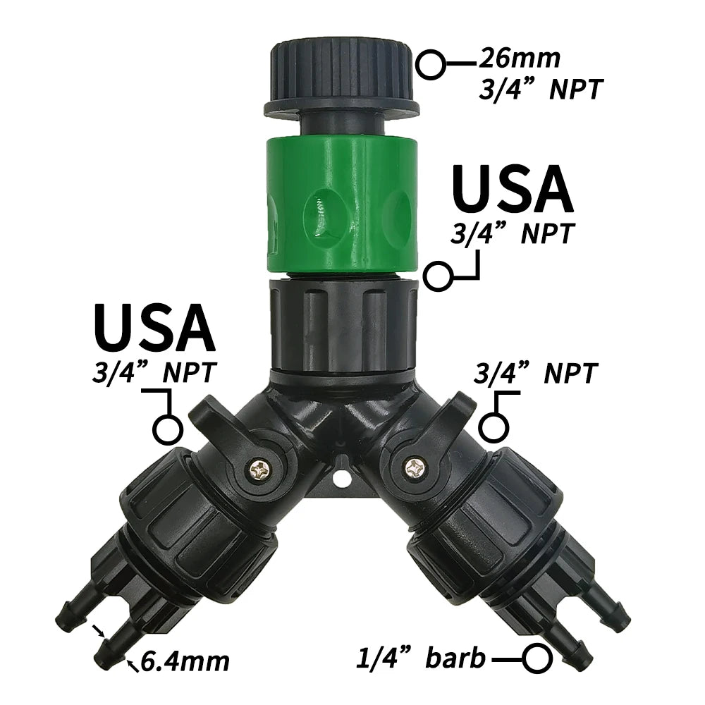 2-Way 4-Way Tap Adapter Splitter 3/4'' to 1/4'' for Drip Irrigation