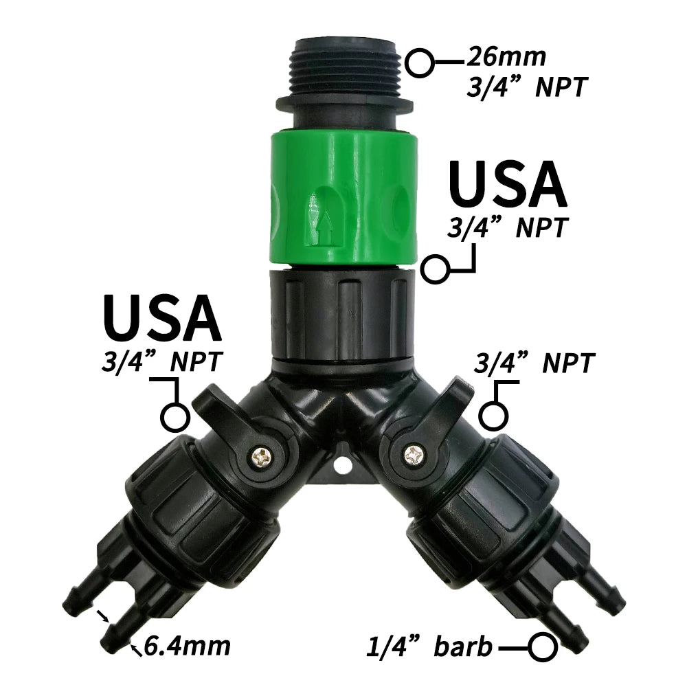 2-Way 4-Way Tap Adapter Splitter 3/4'' to 1/4'' for Drip Irrigation