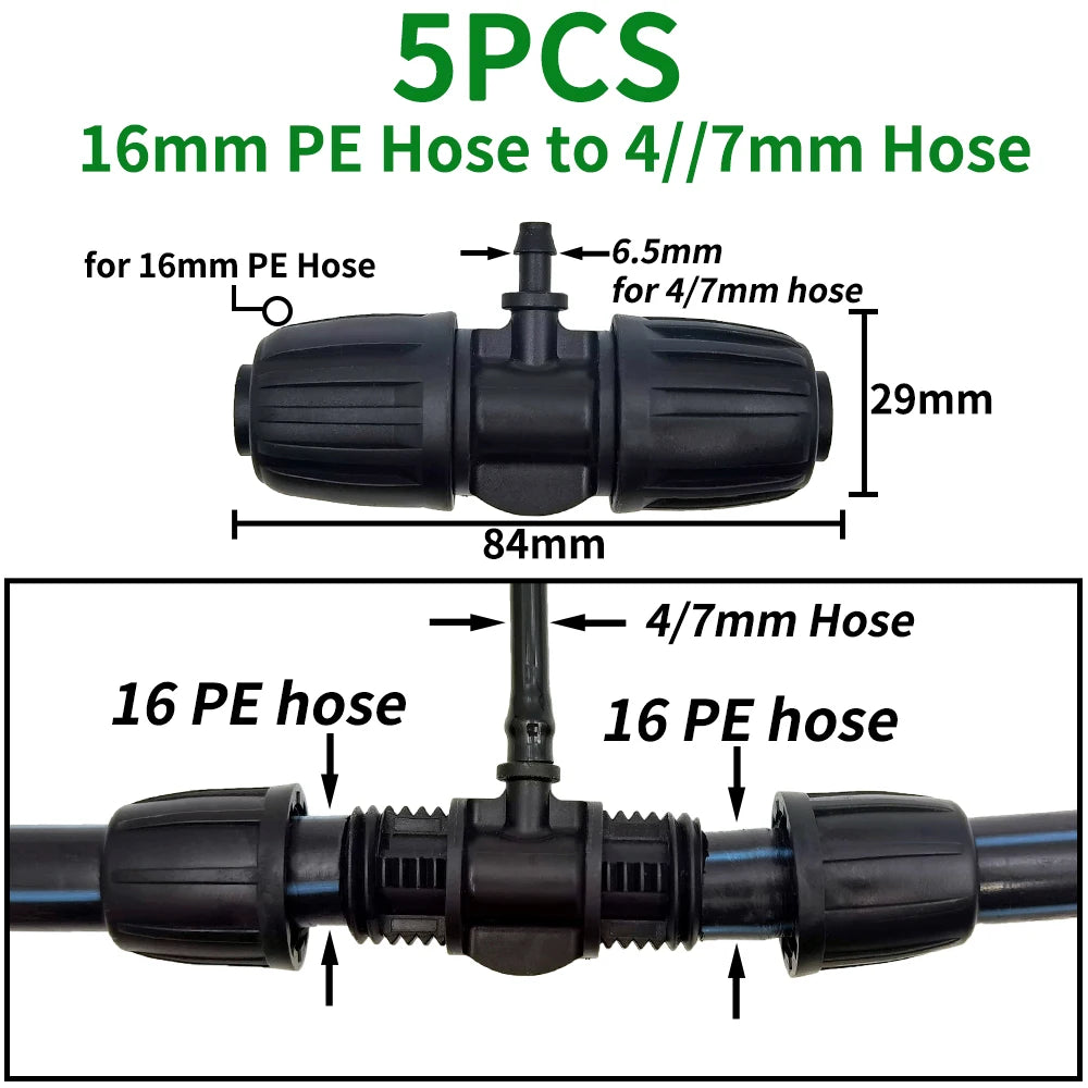 5PCS 16mm 1/2'' PE Pipe Connector Tee Splitter for Drip Irrigation