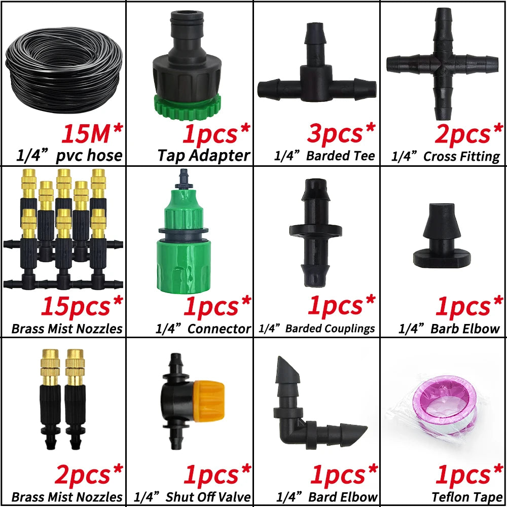 5M-30M Garden Misting Cooling System 1/4'' Brass Nozzles 4/7mm Hose