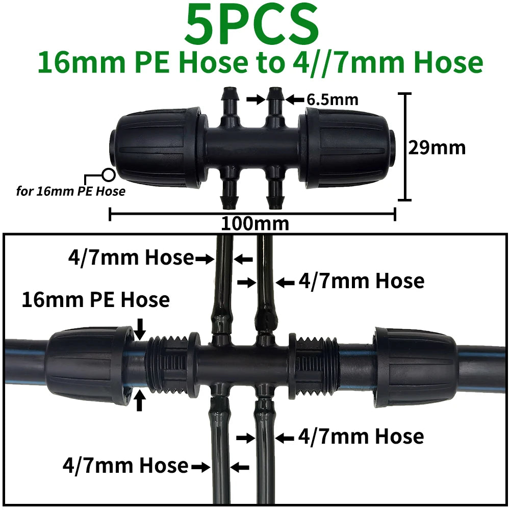 5PCS 16mm 1/2'' PE Pipe Connector Tee Splitter for Drip Irrigation