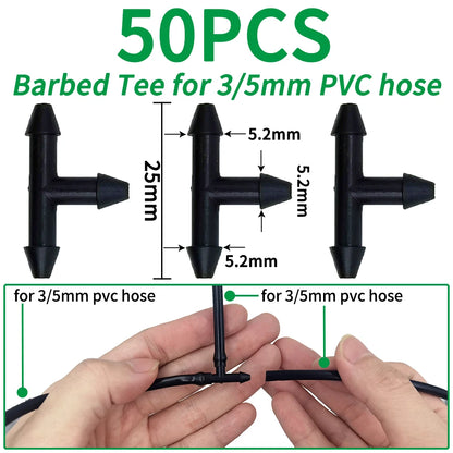 50PCS Barbed 3-Way Tee Connector for 3/5mm Drip Irrigation