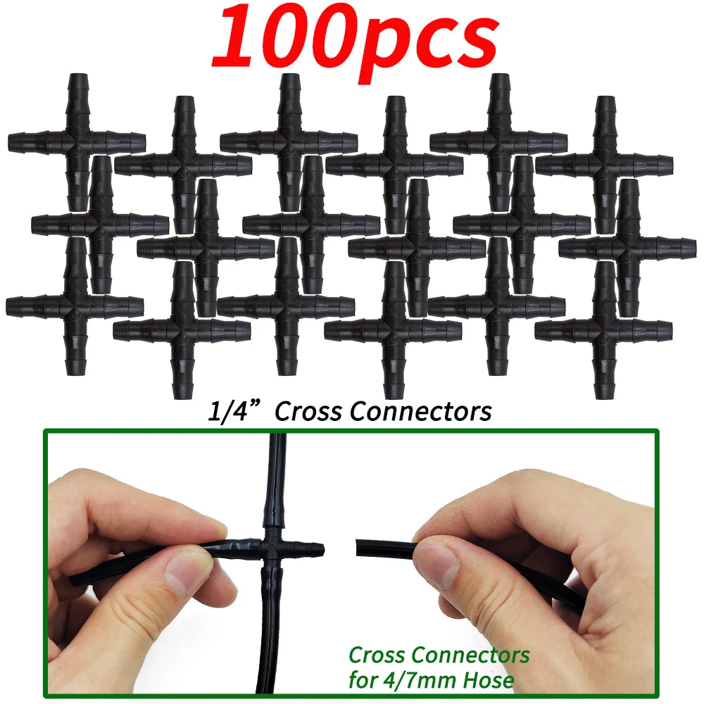 10-100PCS 1/4'' Cross Connector for 4/7mm Drip Irrigation