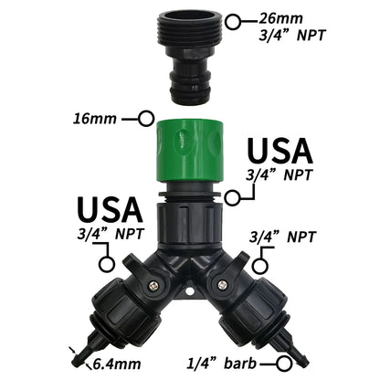 2-Way 4-Way Tap Adapter Splitter 3/4'' to 1/4'' for Drip Irrigation