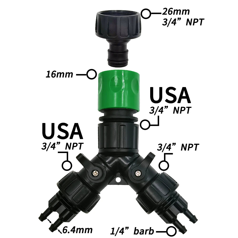 2-Way 4-Way Tap Adapter Splitter 3/4'' to 1/4'' for Drip Irrigation