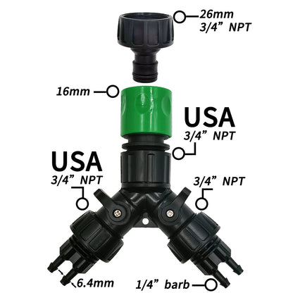 2-Way 4-Way Tap Adapter Splitter 3/4'' to 1/4'' for Drip Irrigation